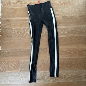 SPANX Black faux leather Leggings with White Stripes size small